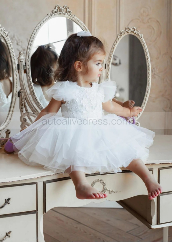 White Lace Tulle V Back Knee Length Flower Girl Dress